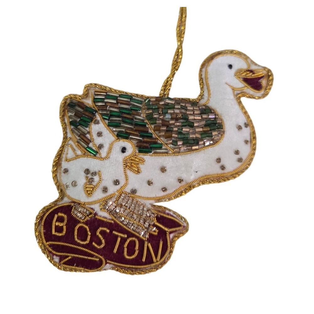 Vintage Boston Beaded Duck Puffy Ornament Souvenir Goose Embroidered